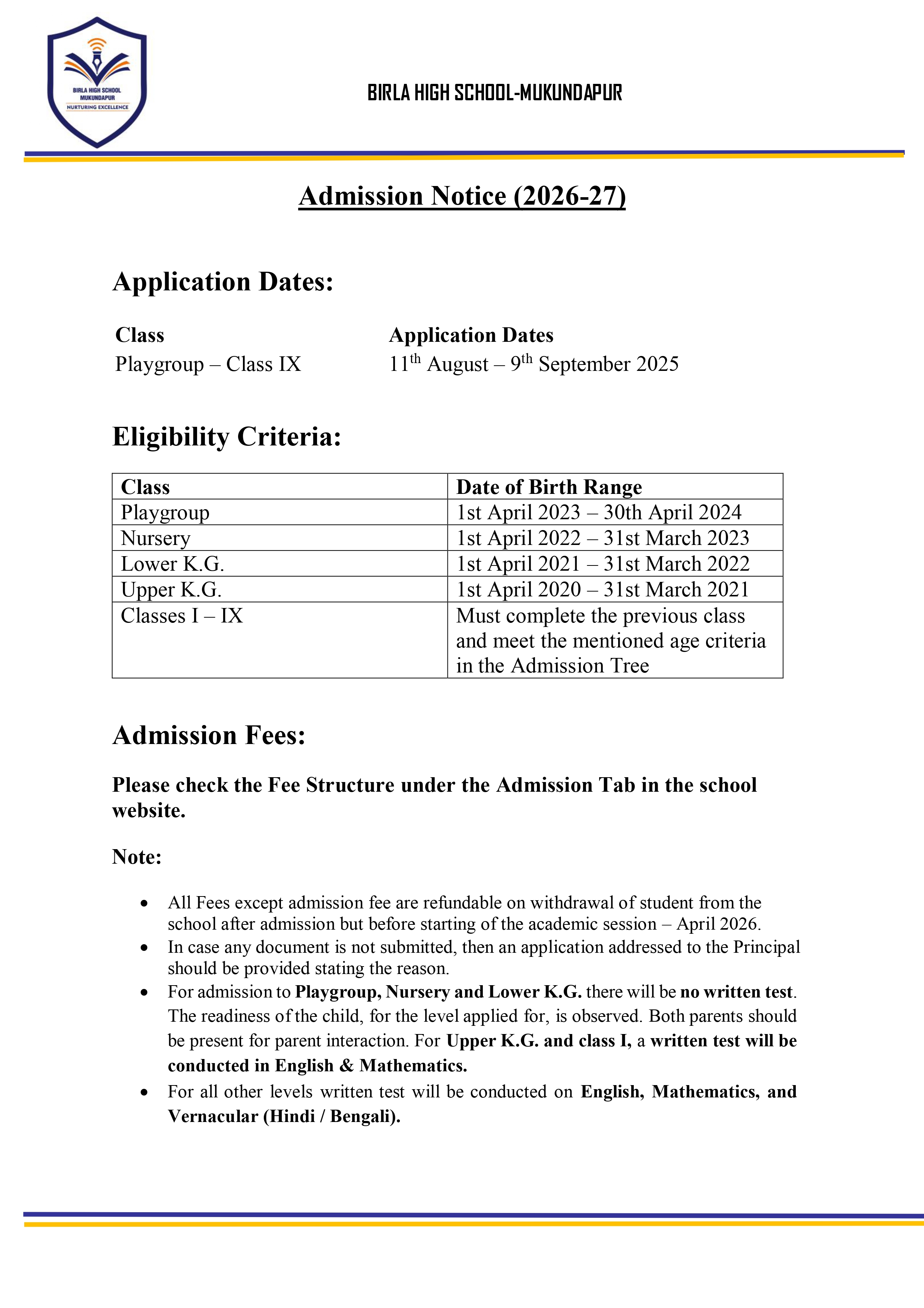 CBSE School in Kolkata Admission Notice | BHS Mukundapur